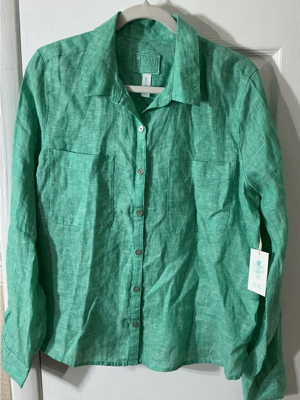 Sigrid Olsen Green Button-Up Linen Blouse